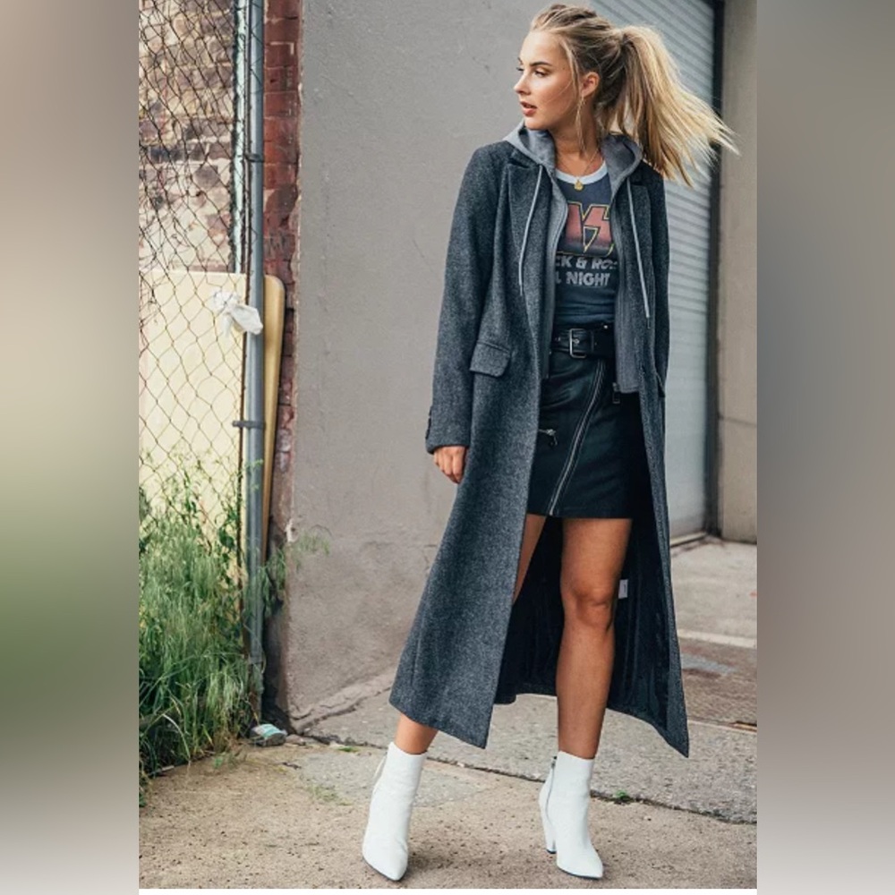Avec Les Filles Wool Blend Herringbone Maxi Coat w/ Detachable Hoodie Large